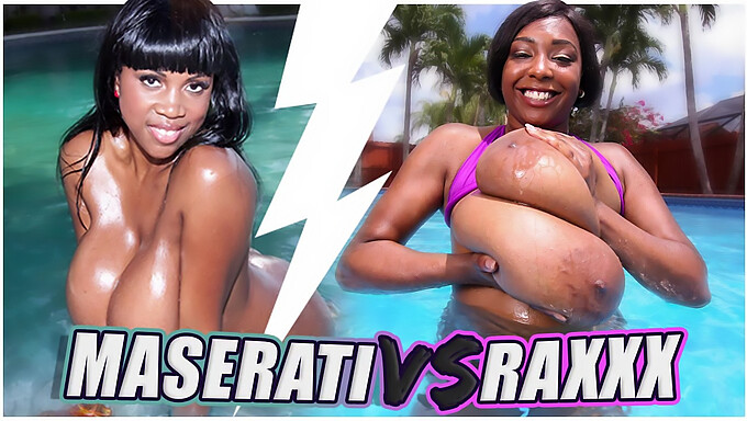 Storbröstade brunetter tävlar i Hot Maserati vs Raxxx-möte