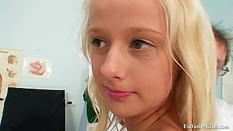 Sexy blonde's gynecological examination with a fetish twist