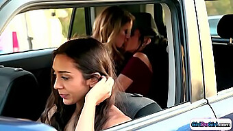 Candice Dare And Lilly Hall Kiss In The Backseat While Being Observed By A Driver