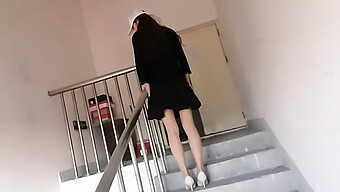 Teen Asian girl enjoys passionate sex in apartment staircase, with risk of being seen