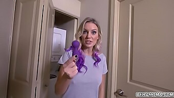 Mature blonde caught indulging in self-pleasure with her stepson's sex toy indoors!