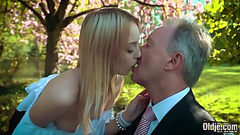 A Young Blonde Woman Moans As She Engages In Sexual Activity With An Older Man And Swallows His Ejaculation